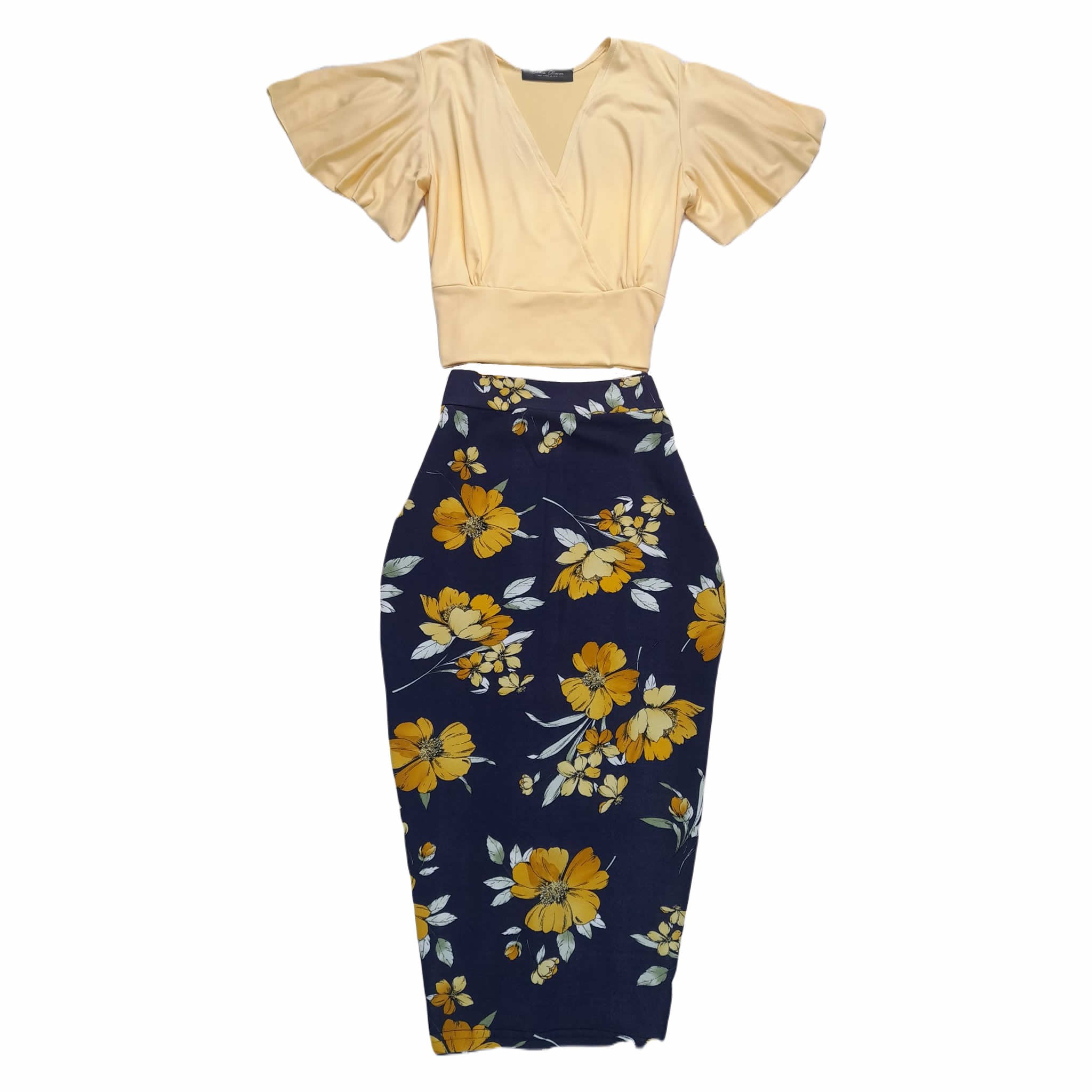 Wrap V Neck Blouse Flare Sleeves And Floral Pencil Skirt